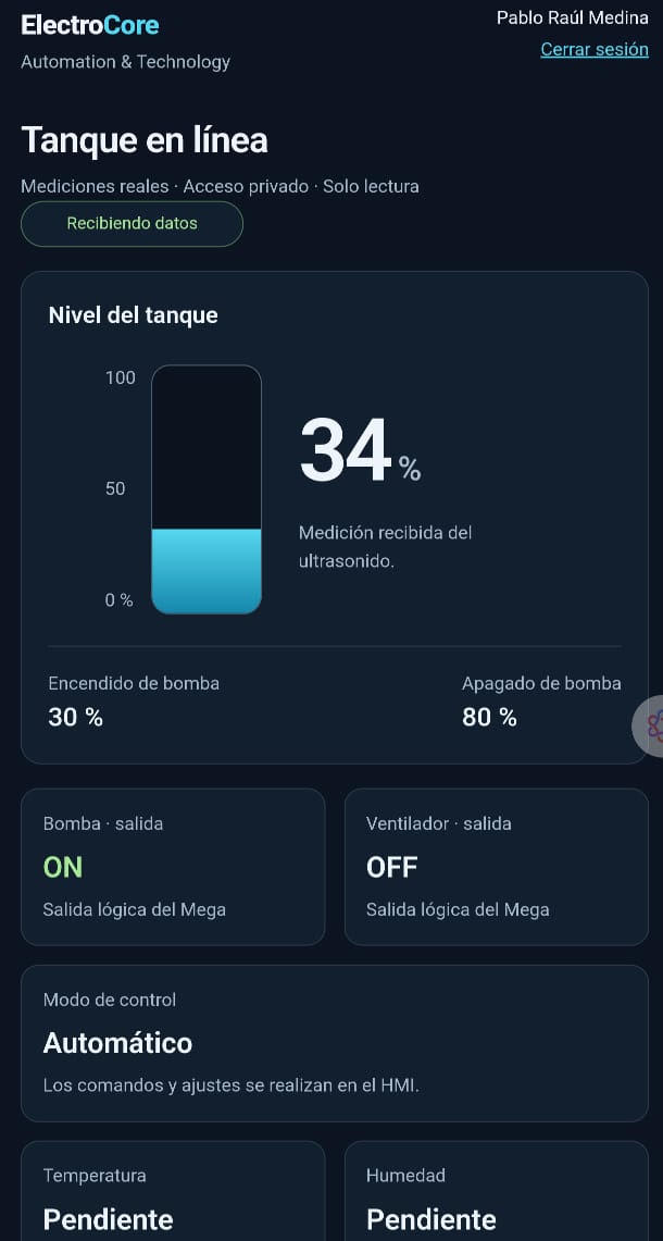 Captura de la aplicación móvil de monitoreo de nivel del tanque
