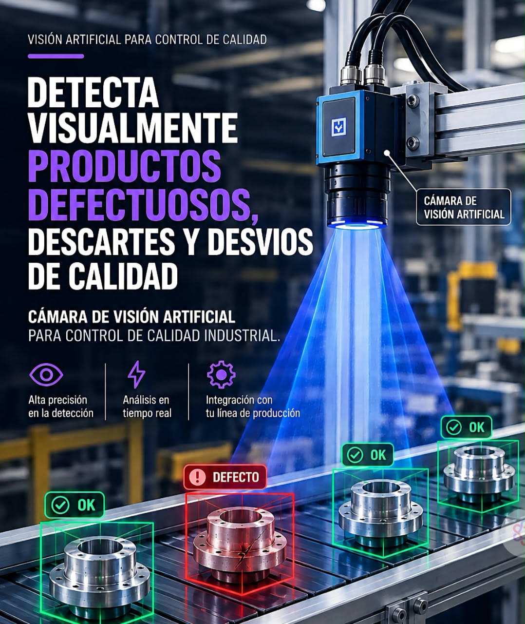 Ilustración de inspección por visión artificial en producción